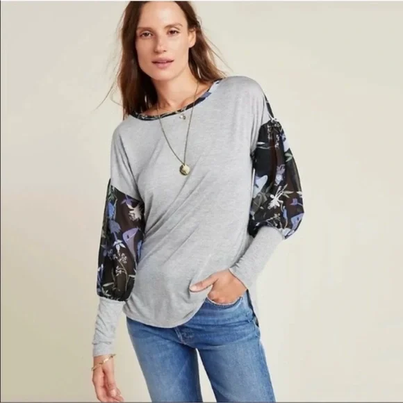 Anthropologie Tiny The Raye Top  Gray with Black Floral - Picture 2 of 8